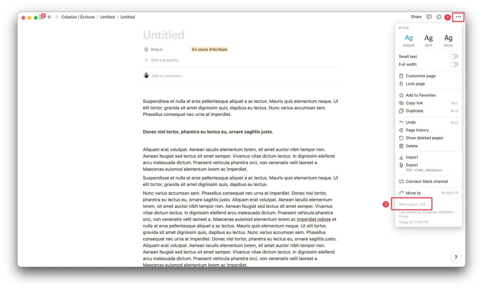 Nombre de mots affiche en bas du menu contextuel de Notion