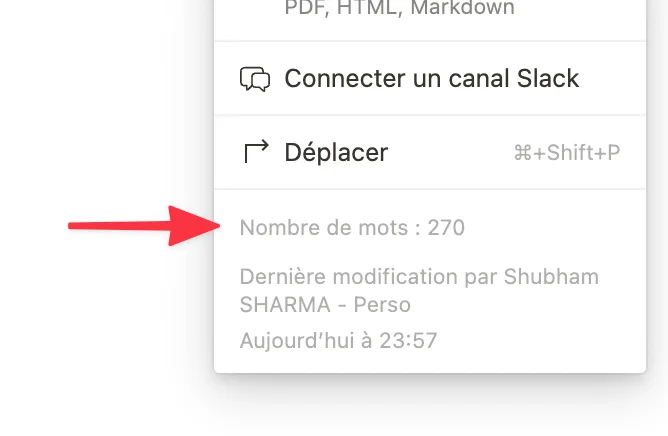 Menu contextuel Notion affichant le compteur de mots natif