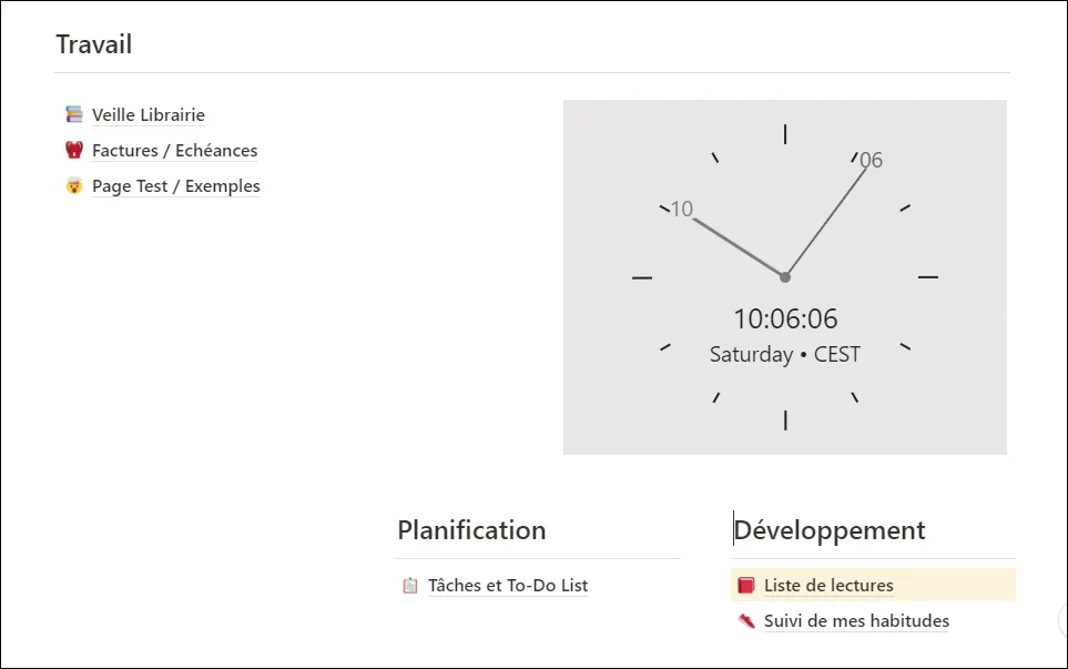 Exemple de widgets integres dans une page Notion