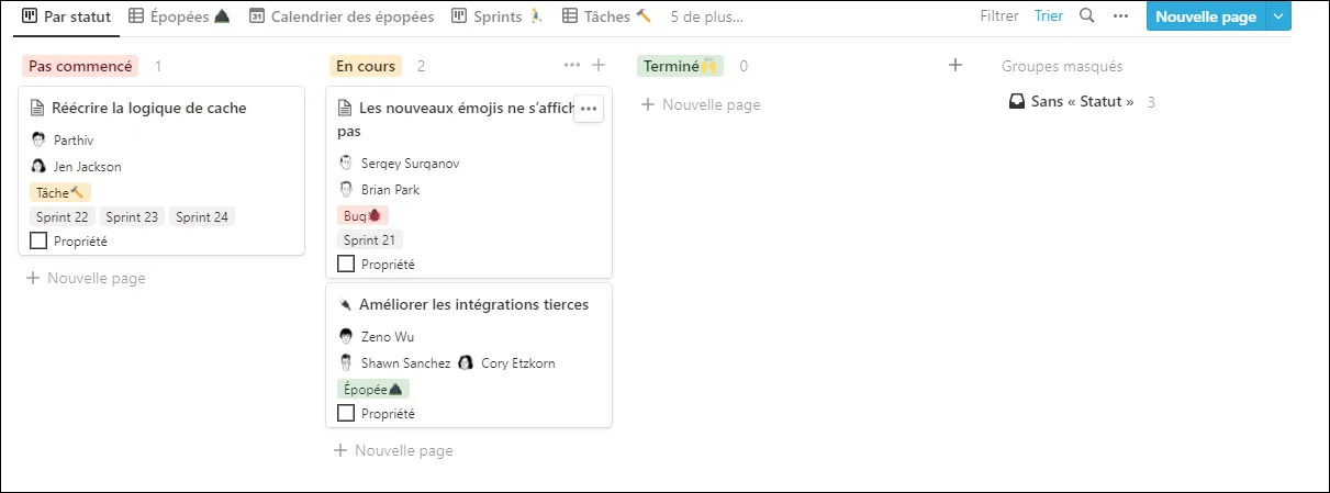 Vue Kanban avec trois colonnes de statut dans Notion