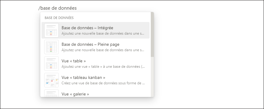 Insérer une base de données dans l'outil Notion