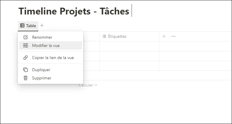 Changement de vue vers la disposition chronologie dans Notion