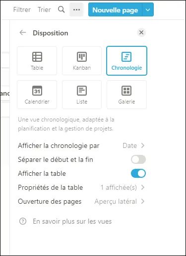 Selection de la disposition chronologie dans les options de vue Notion