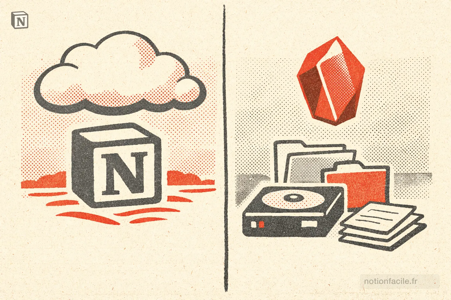 a split comparison scene — left side shows the Notion cube icon with a cloud above it, right side shows the Obsidian purple gem icon with a hard drive and local files below it — cloud vs local-first storage concept