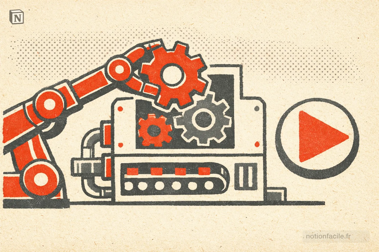 a robot arm placing a gear into a machine with a play button nearby, ready to activate