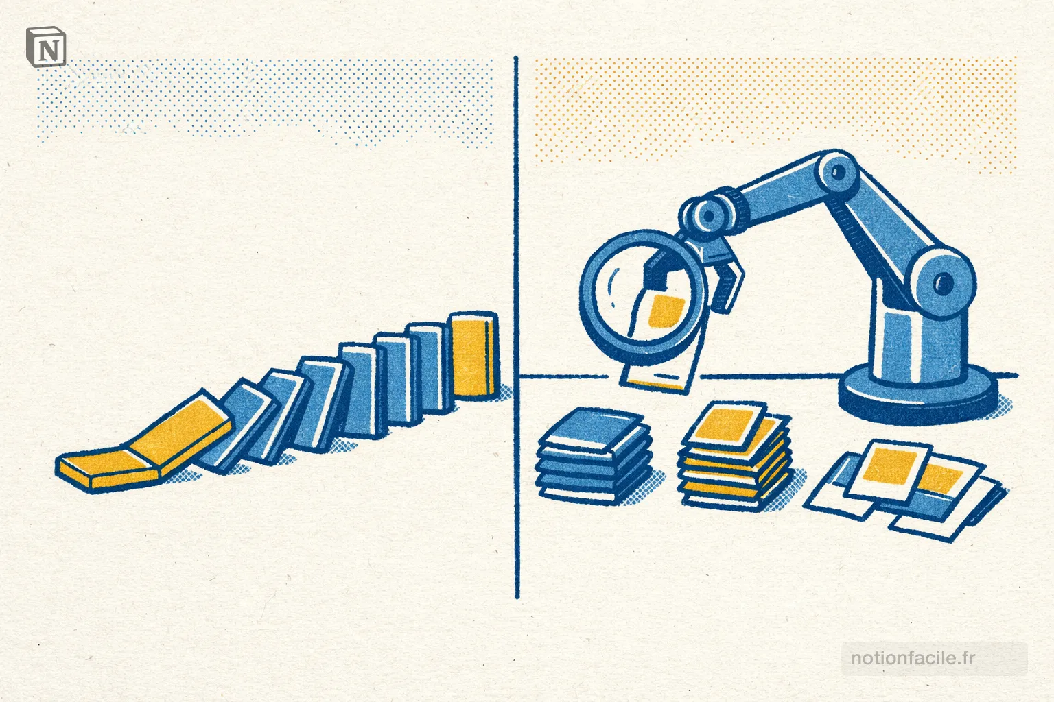 a split scene - left side: a simple domino chain falling in sequence, right side: a robot arm with a magnifying glass sorting cards into different piles