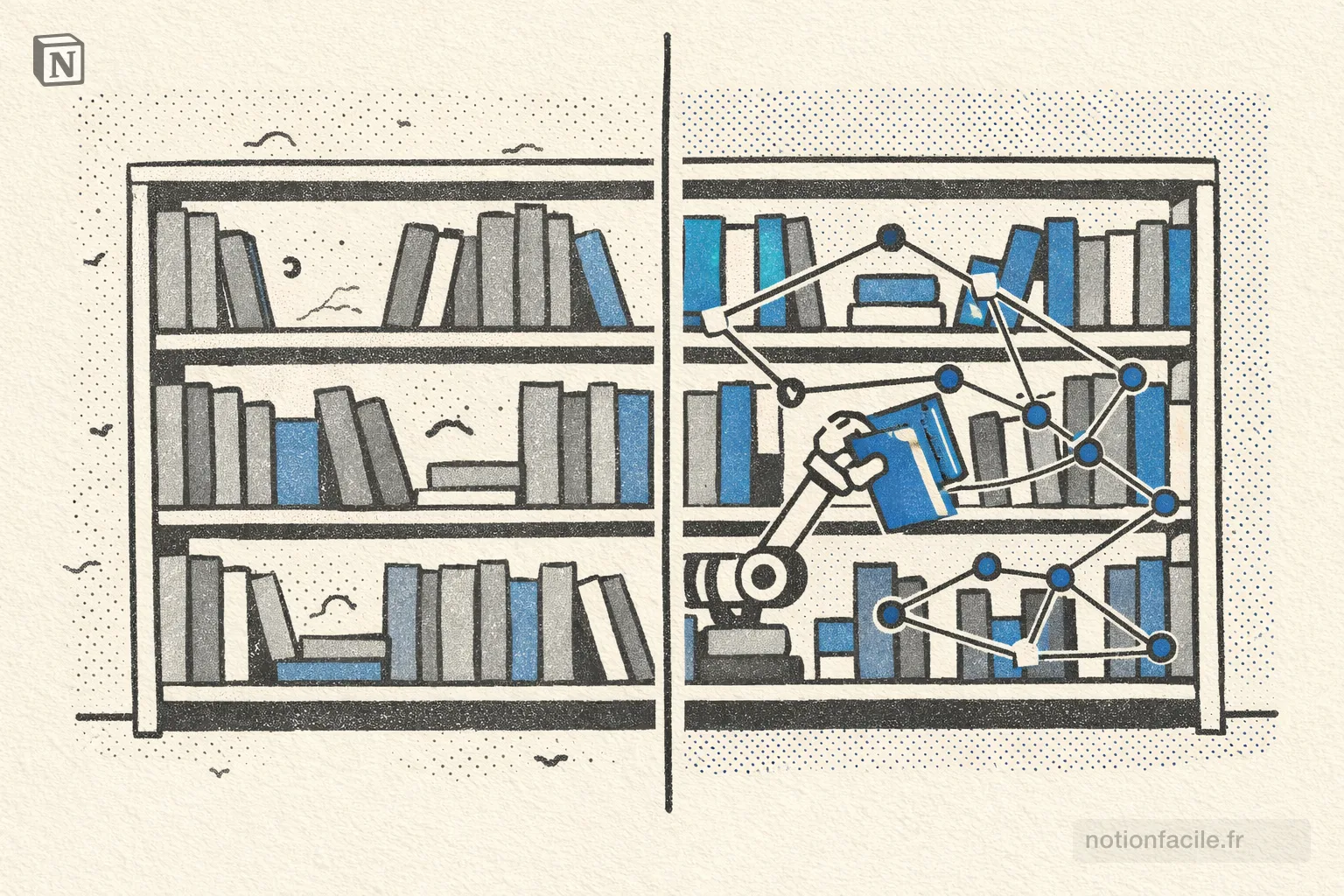 a split scene showing before and after — left side: a static bookshelf with dust, right side: the same bookshelf alive with a small robot arm pulling books out and connecting them with lines — passive vs active knowledge system