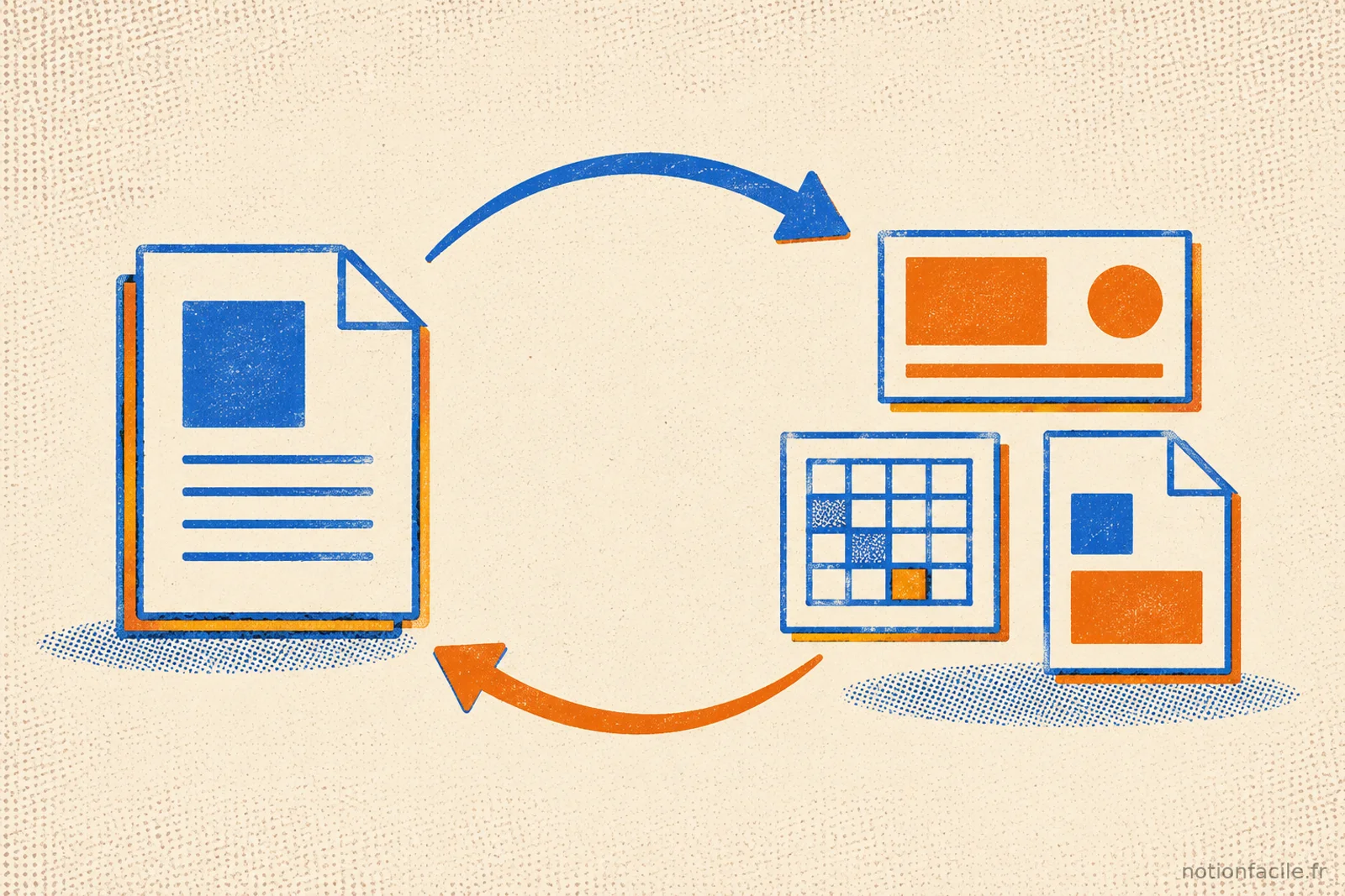 Illustration d'un pont bidirectionnel entre une page Notion et trois fichiers Office — diapositive de présentation, tableur et document — reliés par deux flèches de conversion