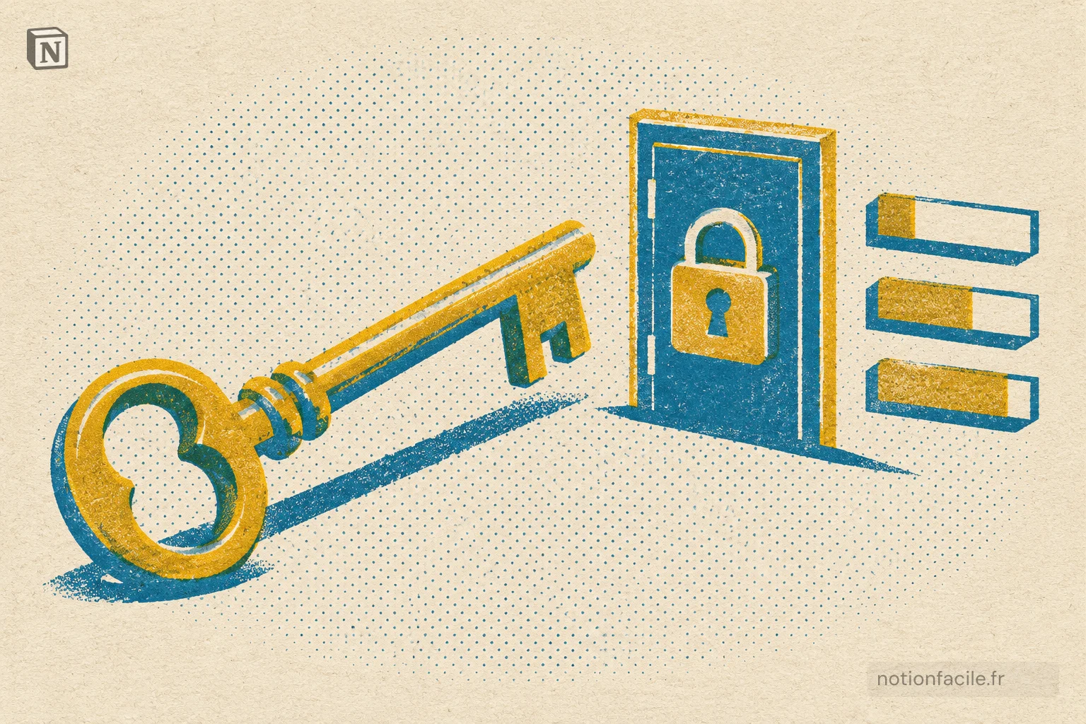 Grande clé dorée pointée vers un cadenas fixé sur une porte bleue, avec trois barres empilées à côté représentant les niveaux d'accès Read, Edit et Full