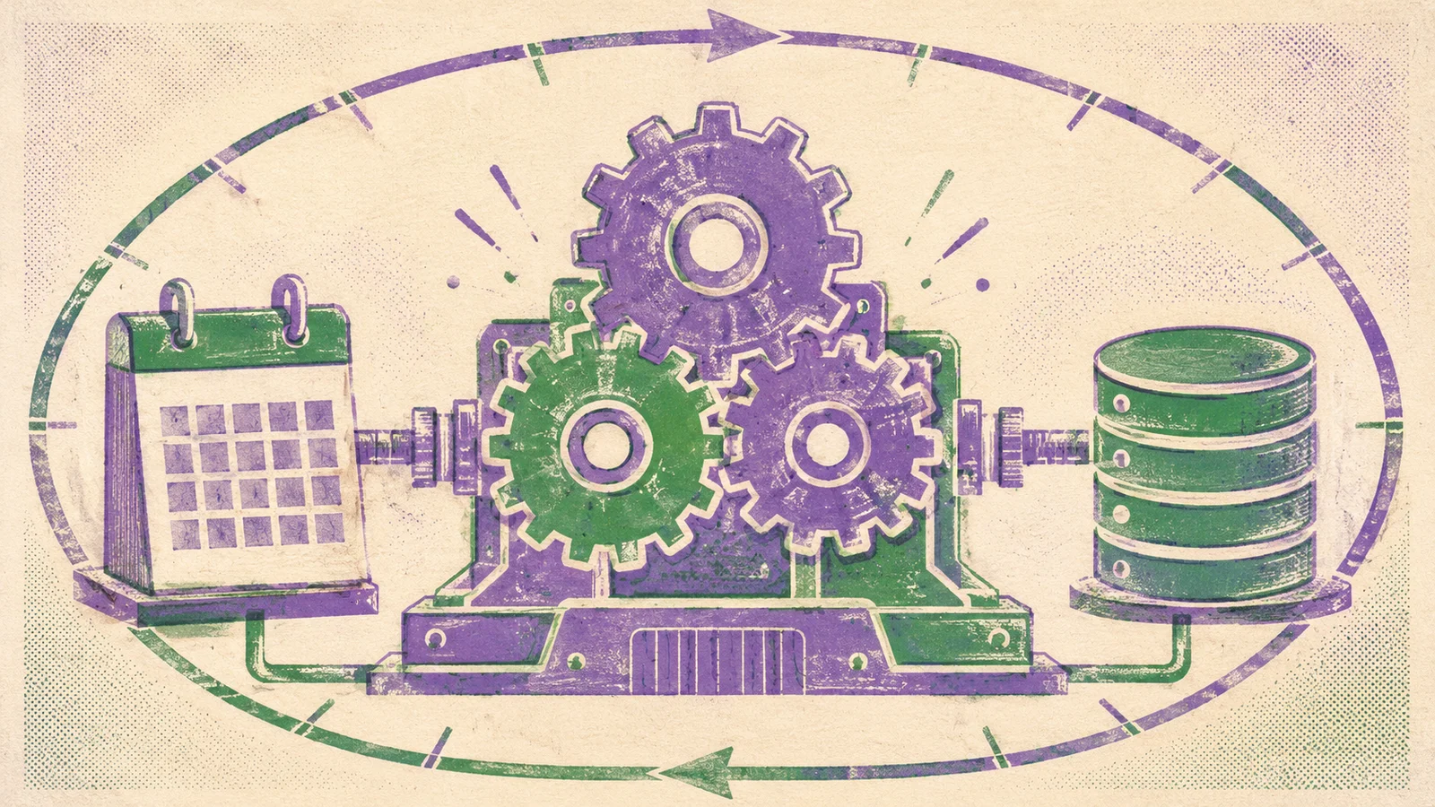 Une machine à engrenages auto-actionnée reliée à une tuile calendrier et à une pile de bases de données, entourée d'un arc d'horloge, illustrant un agent autonome qui tourne 24h/24 sans opérateur.