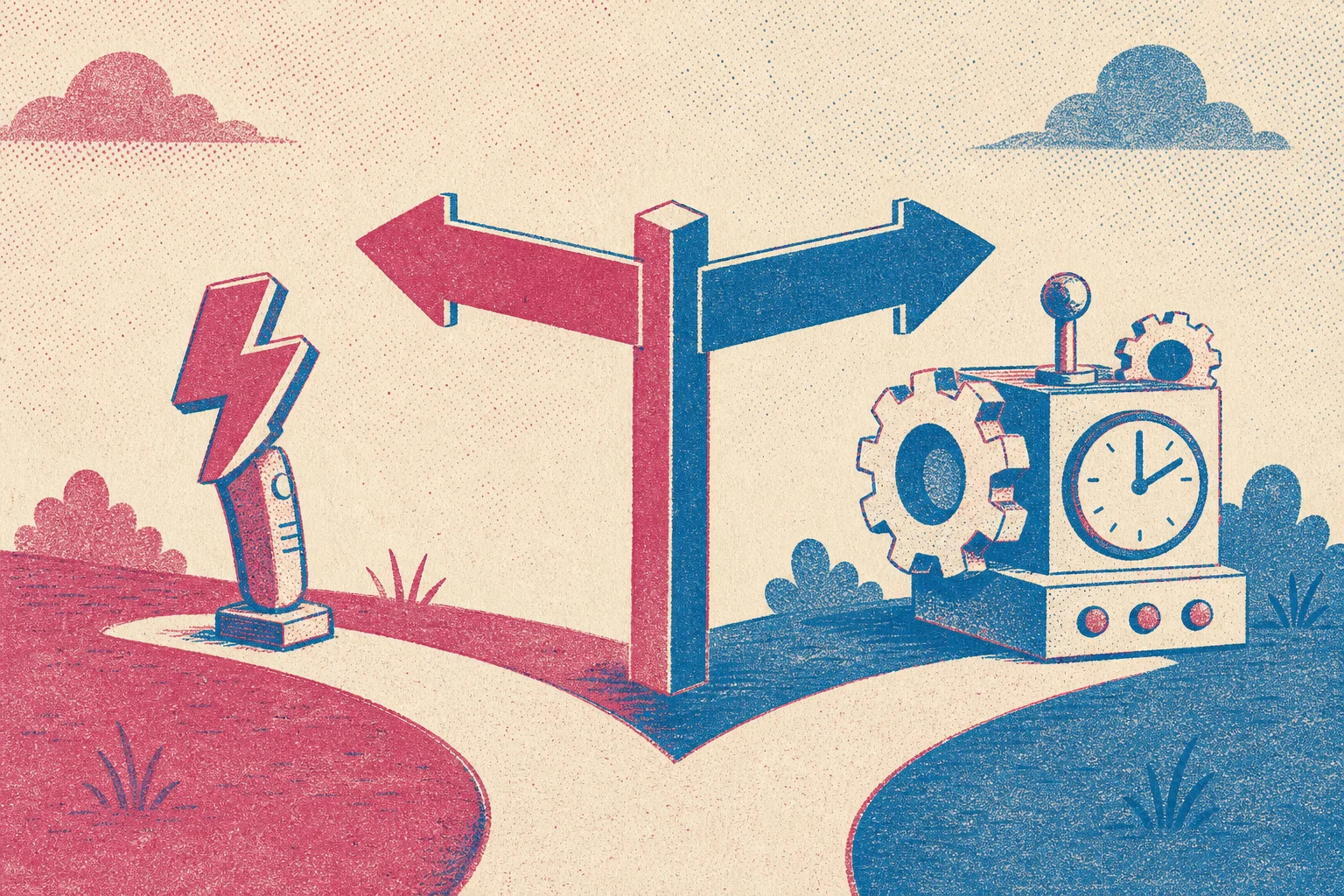 Un panneau à deux flèches divergentes : à gauche un petit outil éclair tenu en main pour le choix à la demande, à droite une machine à engrenages et horloge pour l'automatisation récurrente, illustrant le choix entre deux types d'agents.