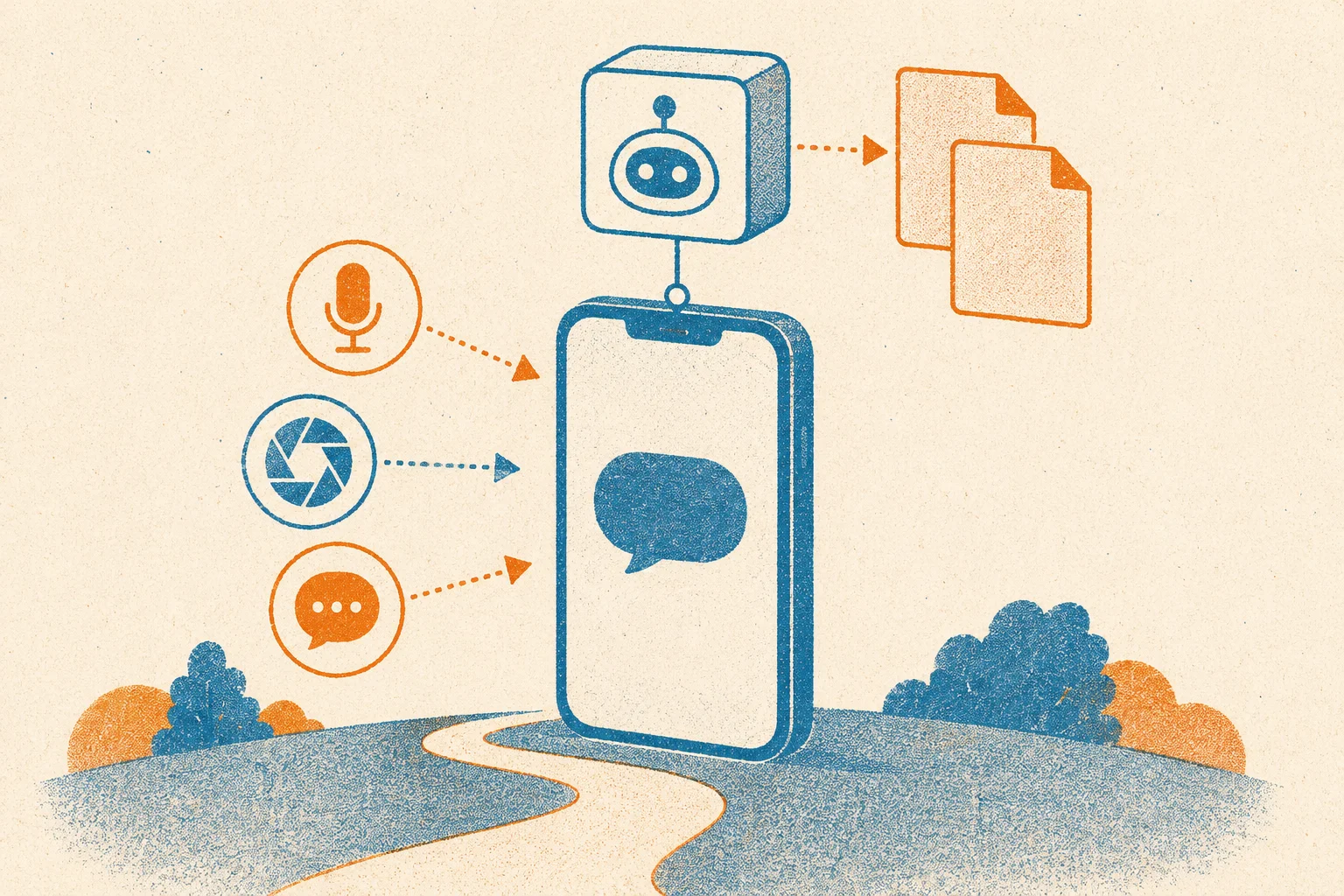 Un smartphone au centre recevant des saisies texte, voix et photo, relie a un agent Notion qui genere des pages, sur un parcours evoquant la mobilite