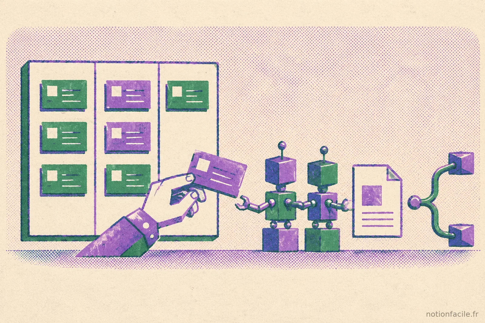 Un board Kanban à trois colonnes dont une carte est confiée à deux petits robots qui produisent un document et une branche git