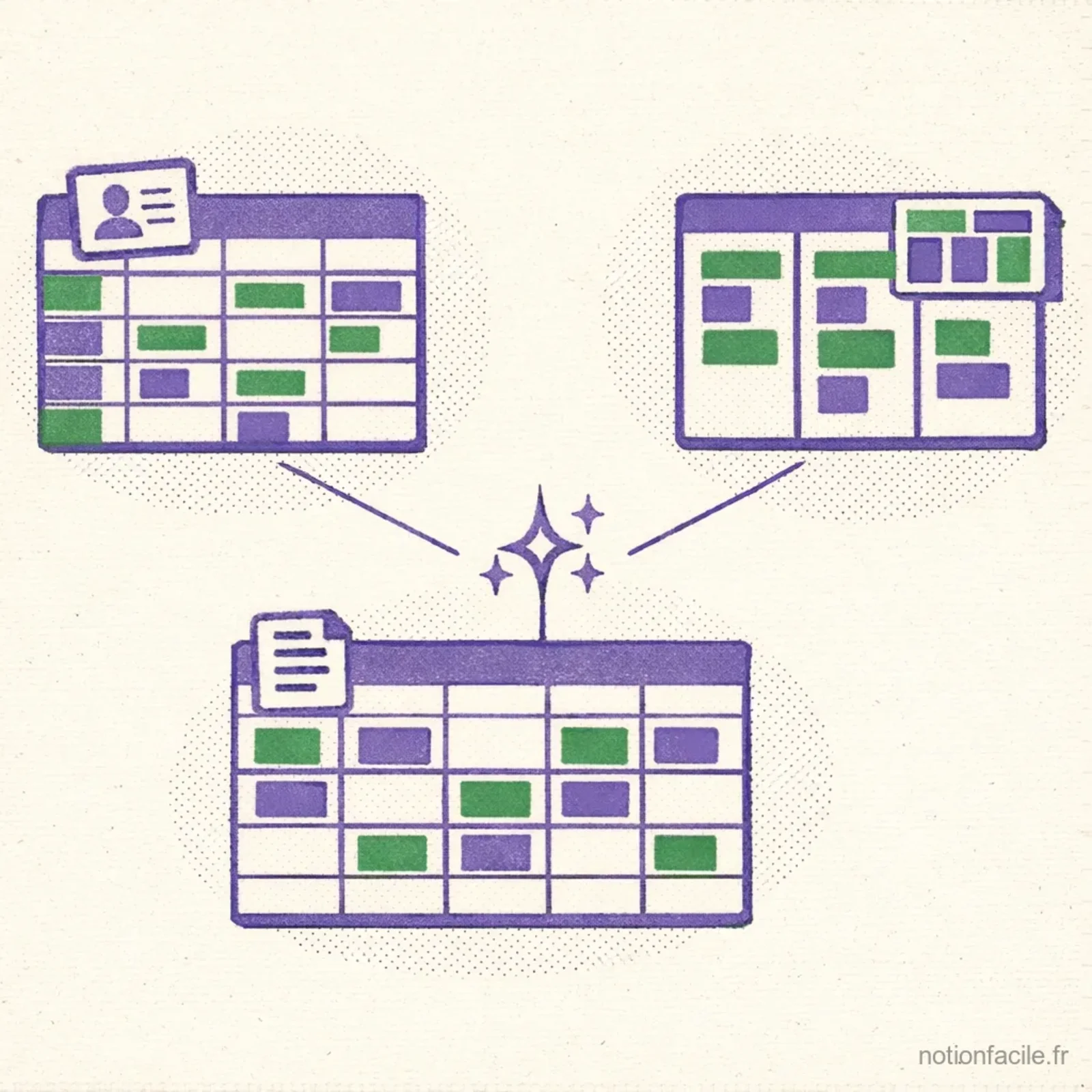 Trois bases de données miniatures CRM, projet et contenu connectées à une icône centrale de remplissage IA