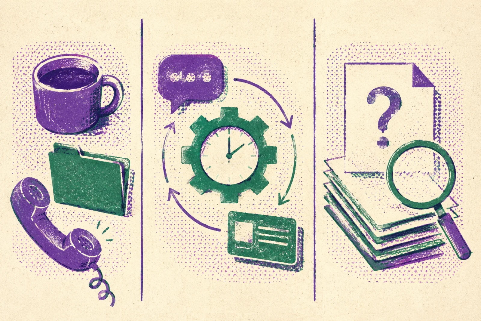 Triptyque illustrant trois scénarios d'usage des connecteurs : préparation d'appel commercial, automatisation récurrente et recherche documentaire