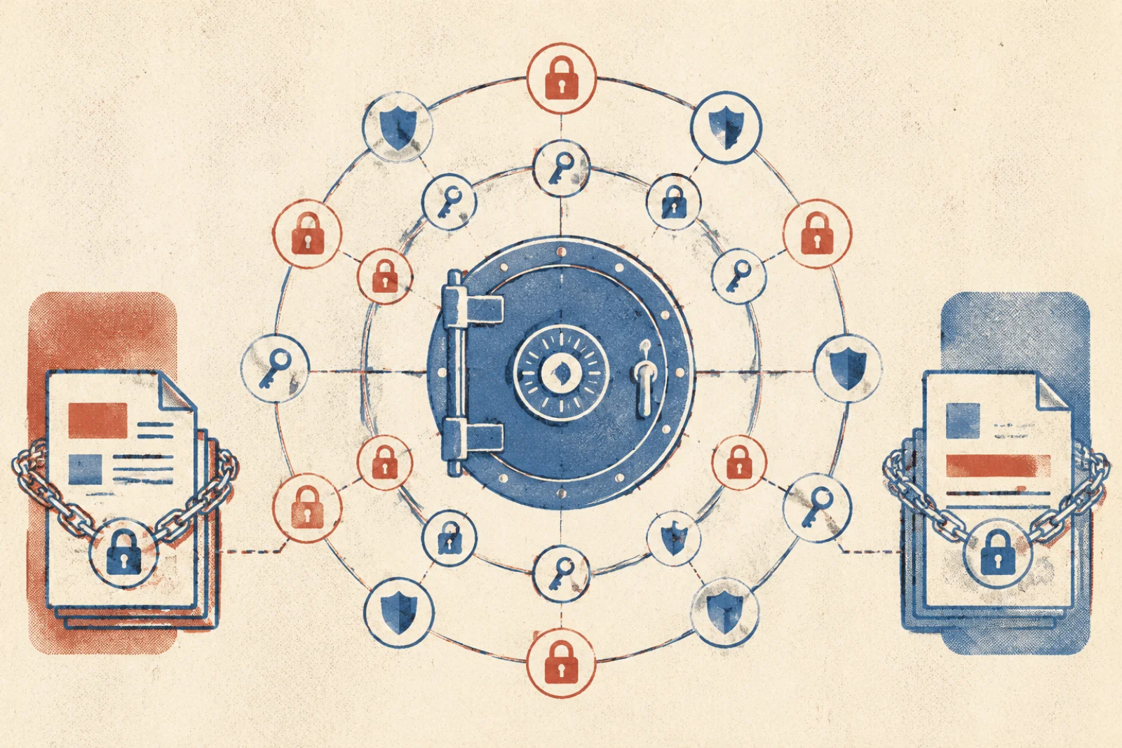Coffre-fort central entouré d'icônes de clés, cadenas et boucliers, symbolisant les permissions héritées et l'audit centralisé des connecteurs IA