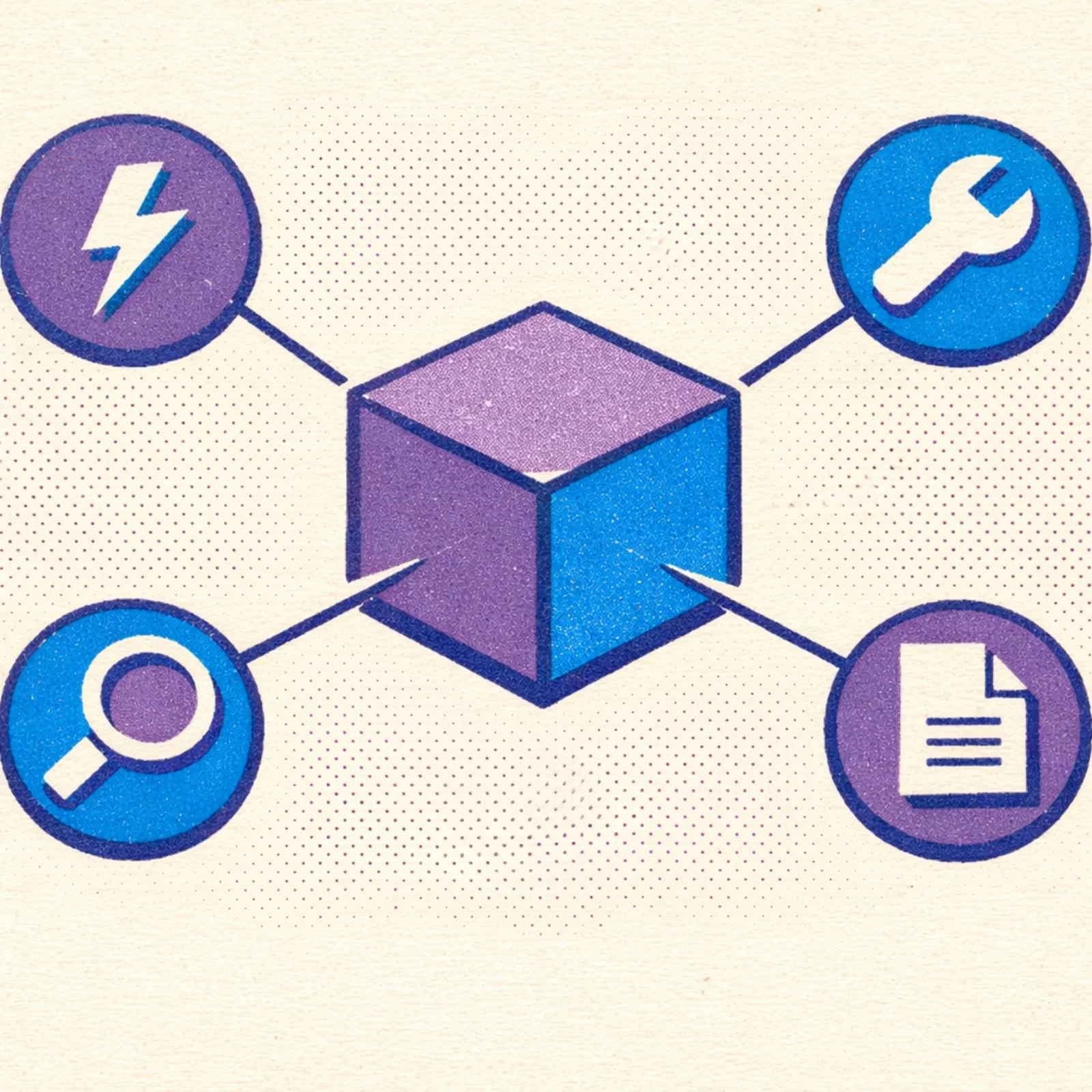 Schema en etoile montrant un hub central connecte a quatre outils IA par des lignes radiantes