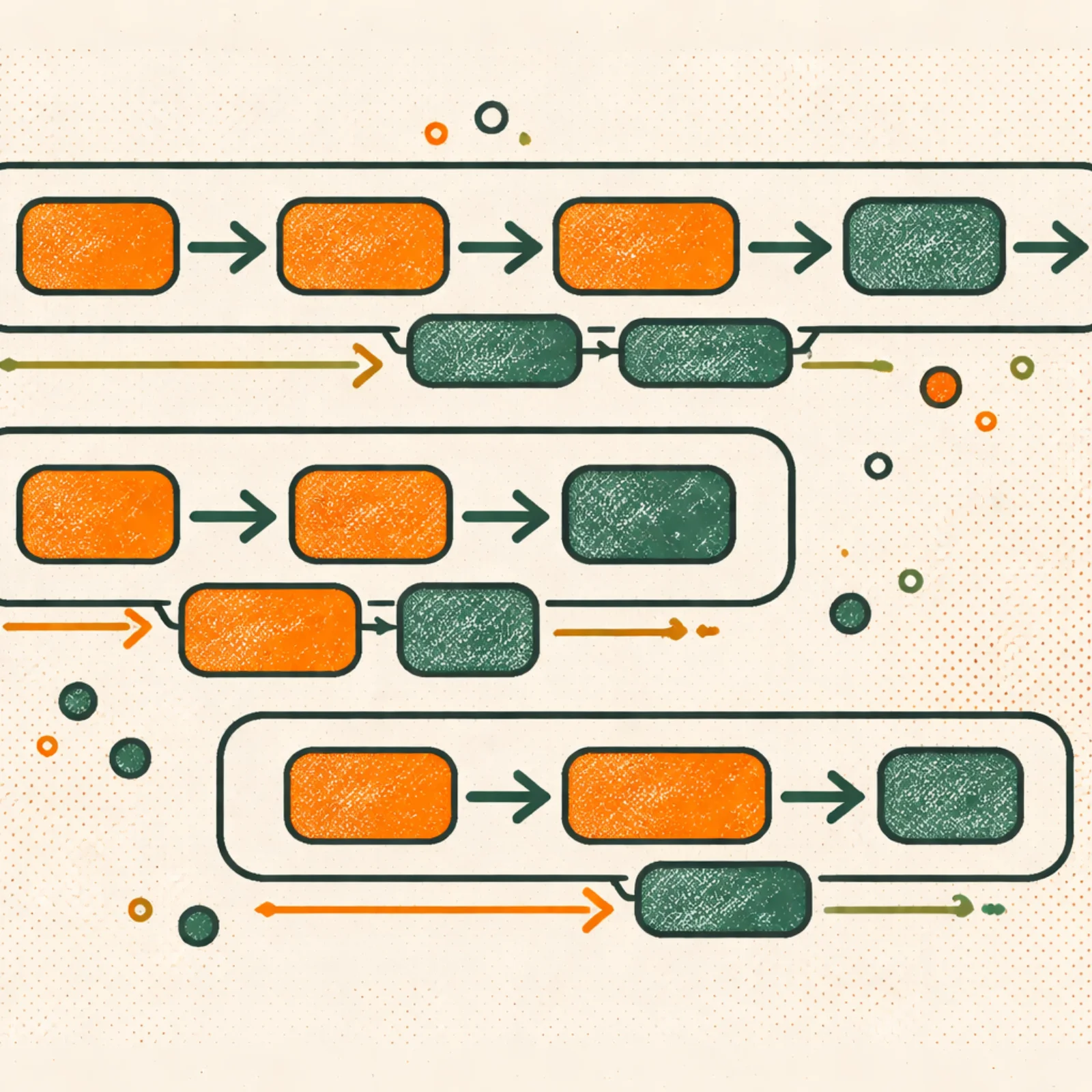 Trois pipelines paralleles avec des rectangles connectes par des fleches representant des workflows automatises