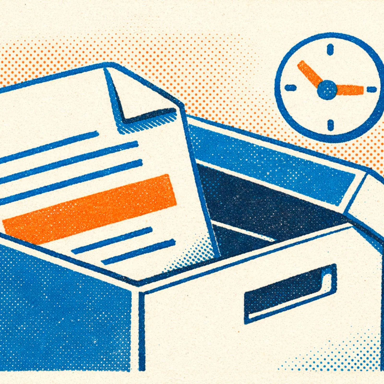 Document glissant dans une boîte d'archive ouverte avec une horloge symbolisant la conservation illimitée