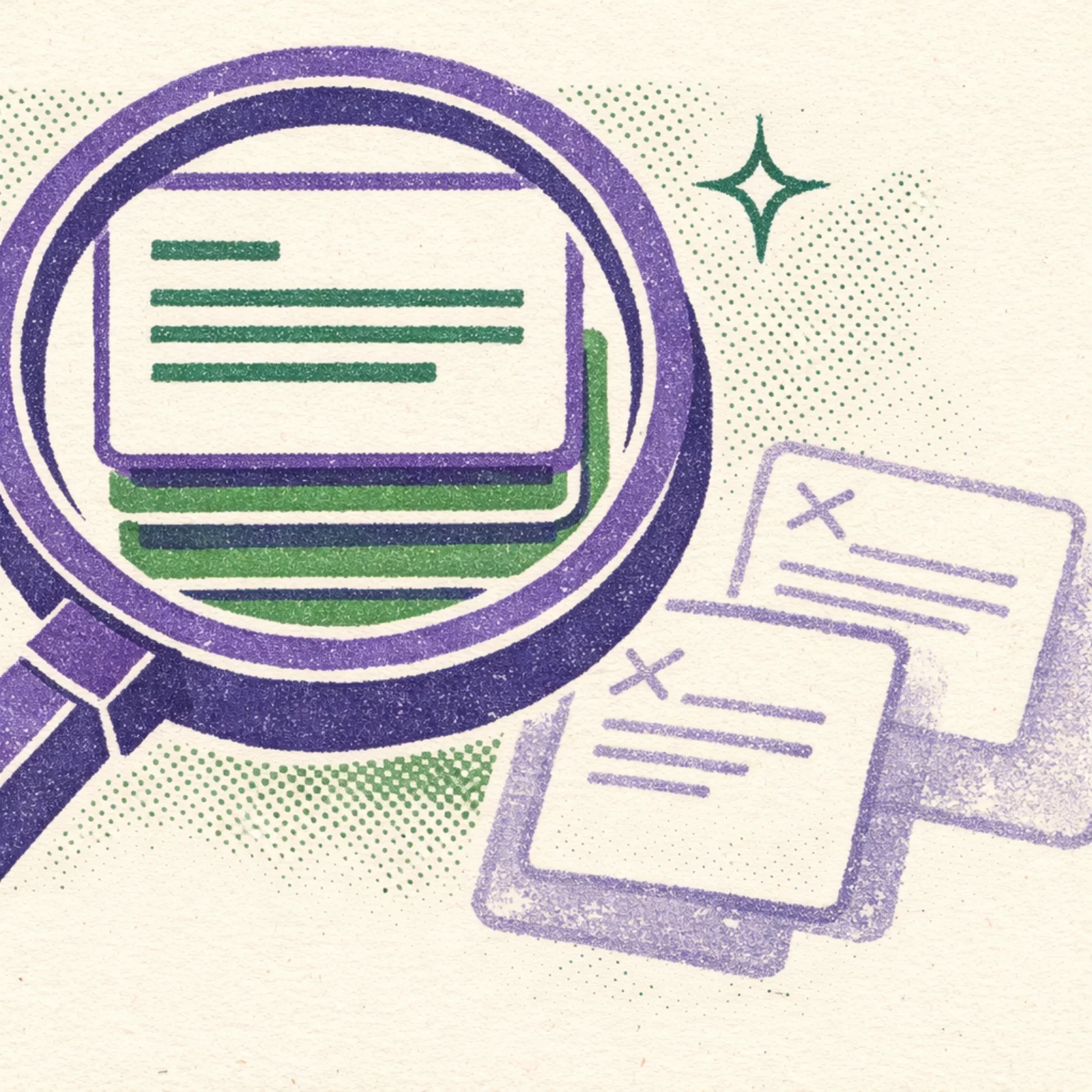 Loupe survolant des documents organisés avec des pages archivées estompées exclues de la recherche