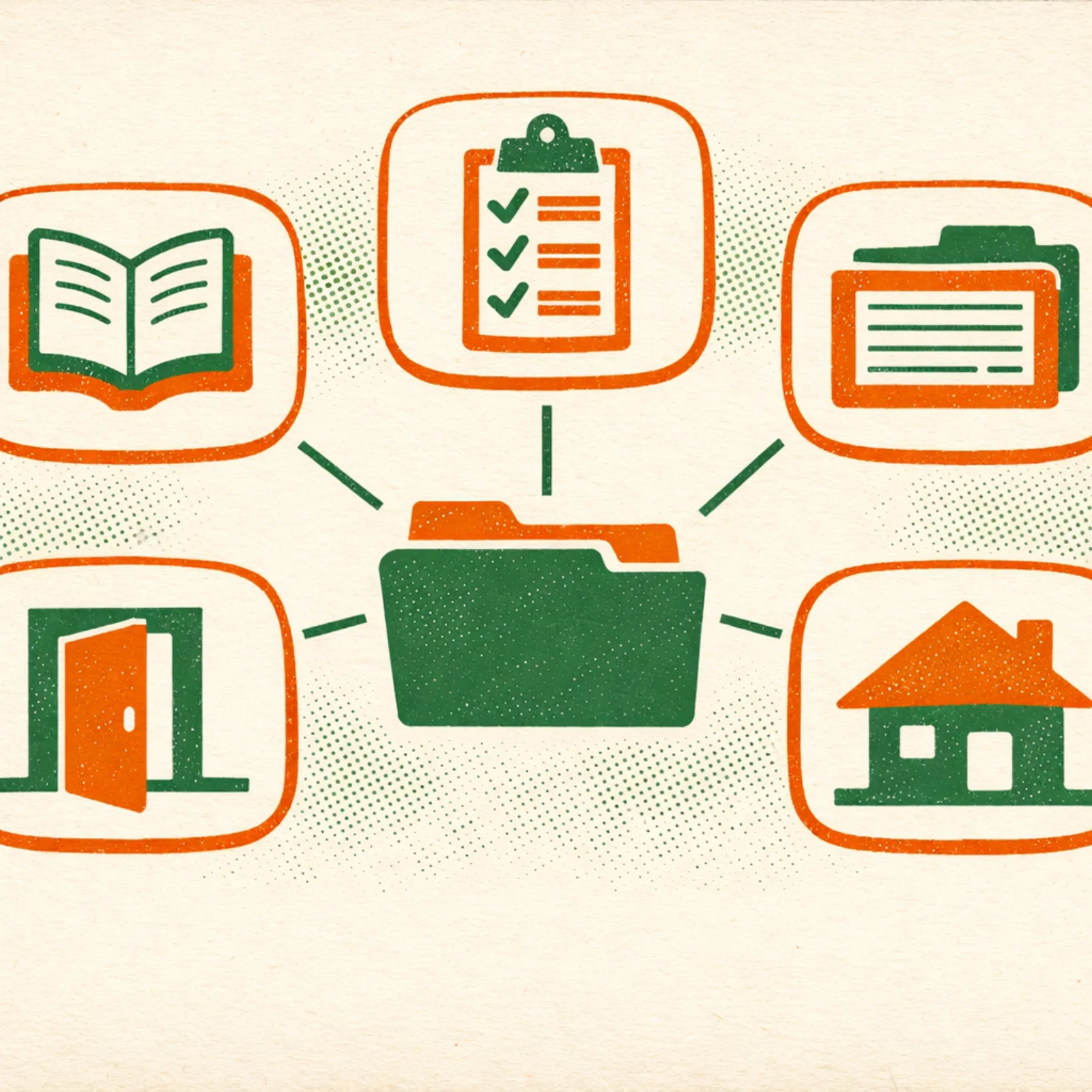 Cinq icônes représentant les cas d'usage du bloc Tabs — wiki, projet, fiche client, onboarding et dashboard personnel reliés à un conteneur central