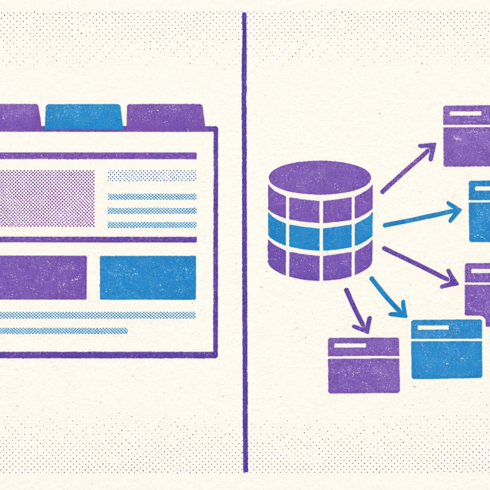 Scène divisée comparant le bloc Tabs comme conteneur de contenu libre et le layout Tabbed comme vue de relations de base de données