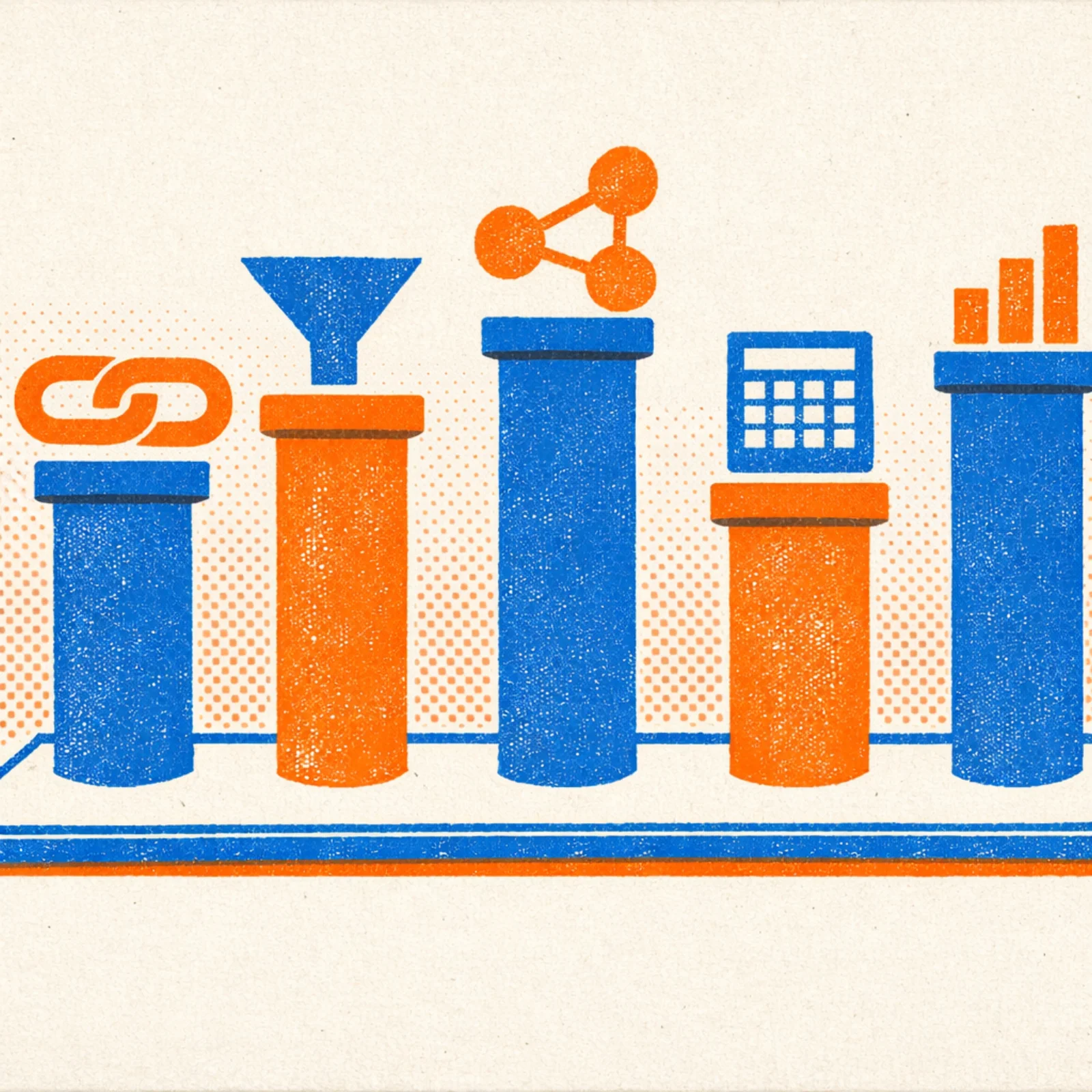 Cinq piliers géométriques de hauteurs différentes représentant les composants d'un dashboard Notion