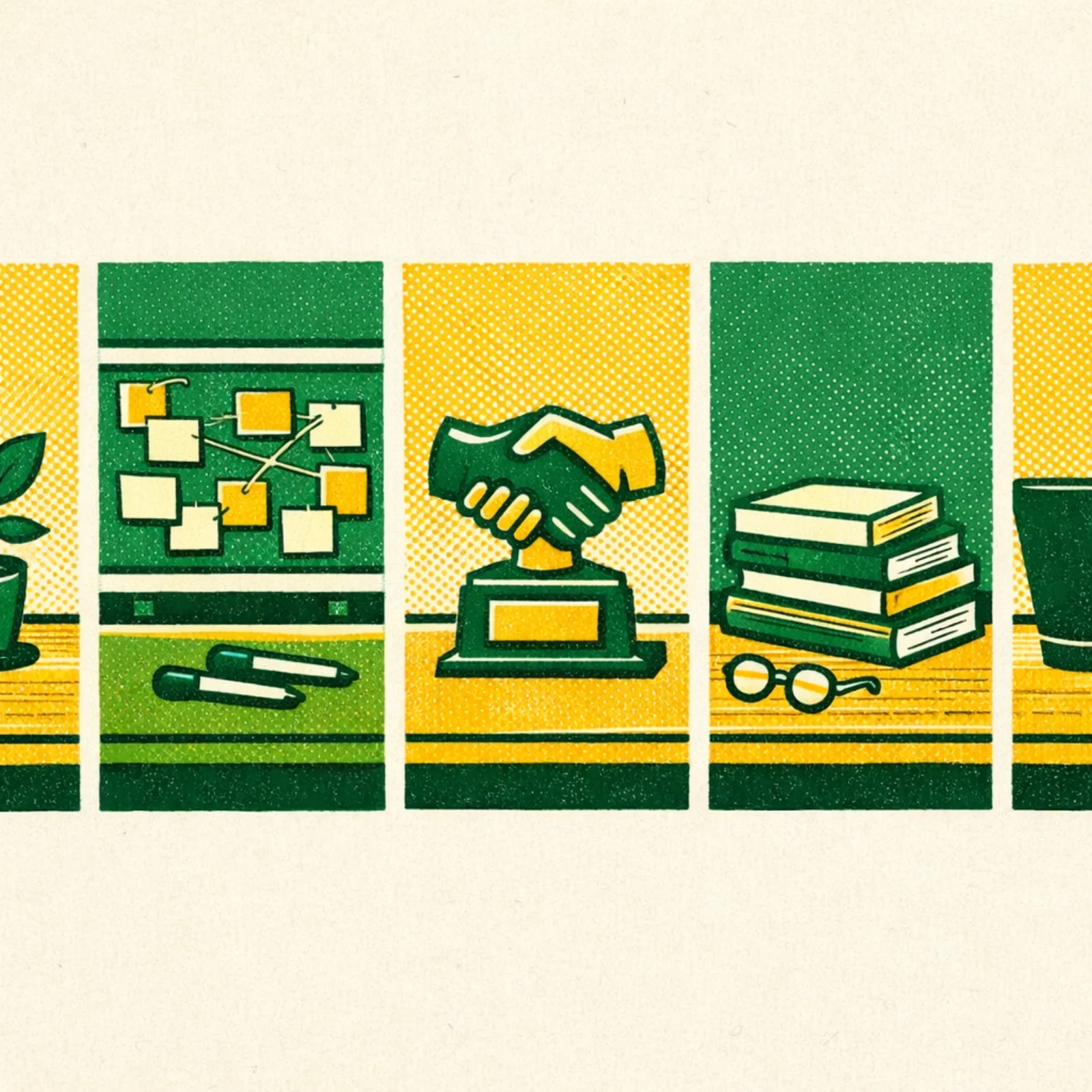 Cinq scènes de bureaux côte à côte représentant les profils utilisateur personnel projet CRM étudiant et freelance