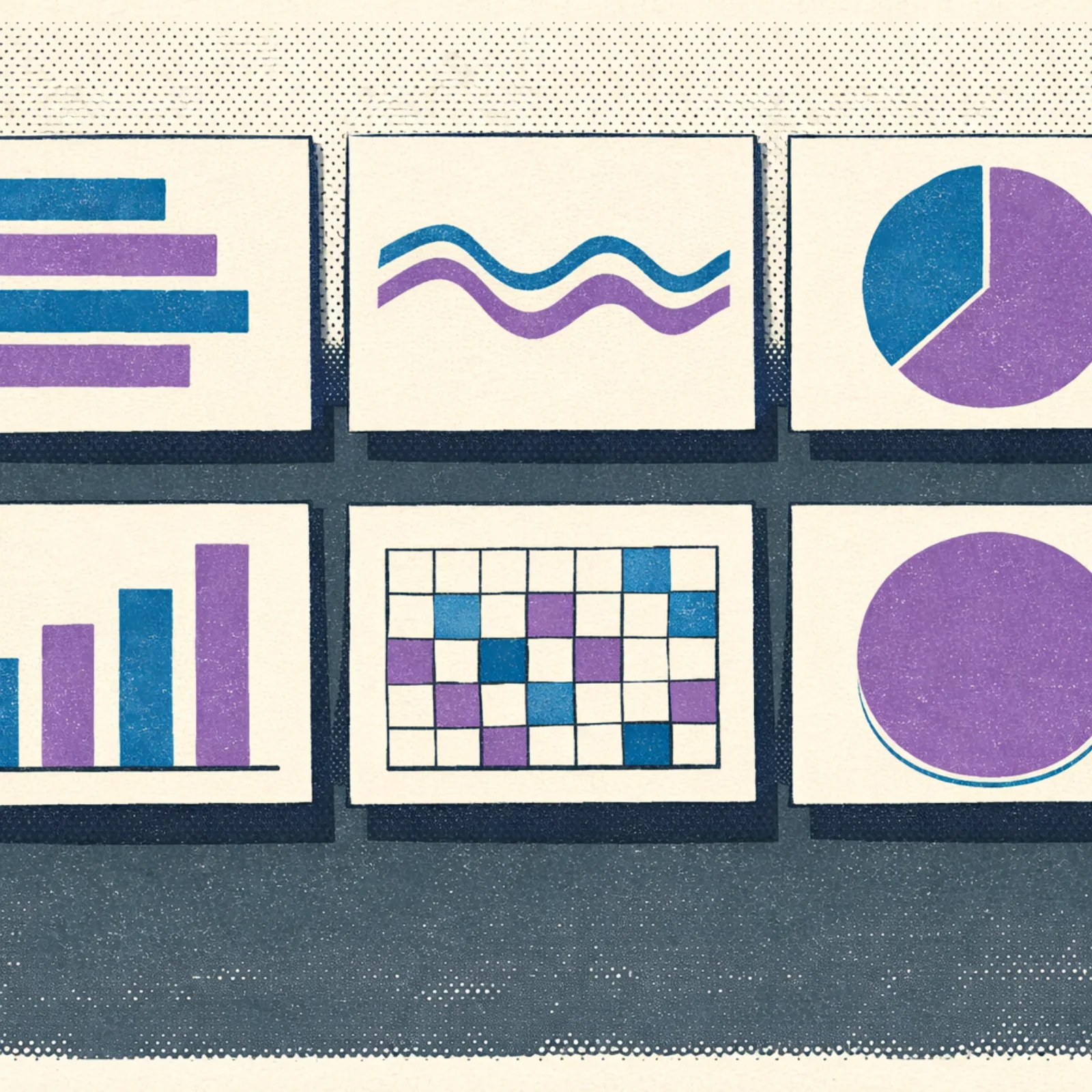 Grille de six cartes représentant les types de widgets disponibles dans un dashboard Notion avec graphiques barres lignes et donuts