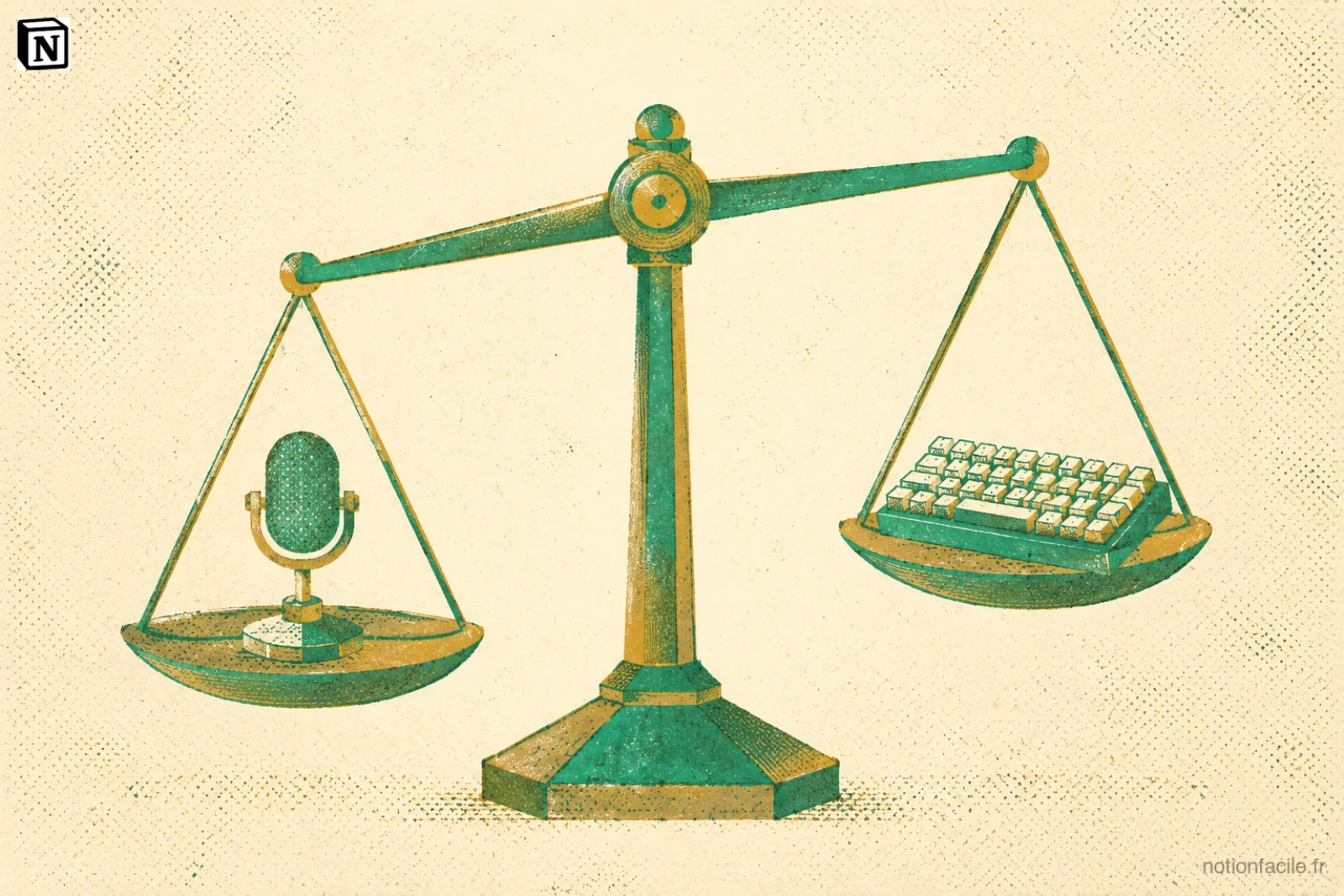 Balance ancienne en laiton avec un microphone d'un côté et un clavier mécanique de l'autre, le plateau du microphone légèrement plus bas symbolisant l'avantage de la voix sur le prompt IA