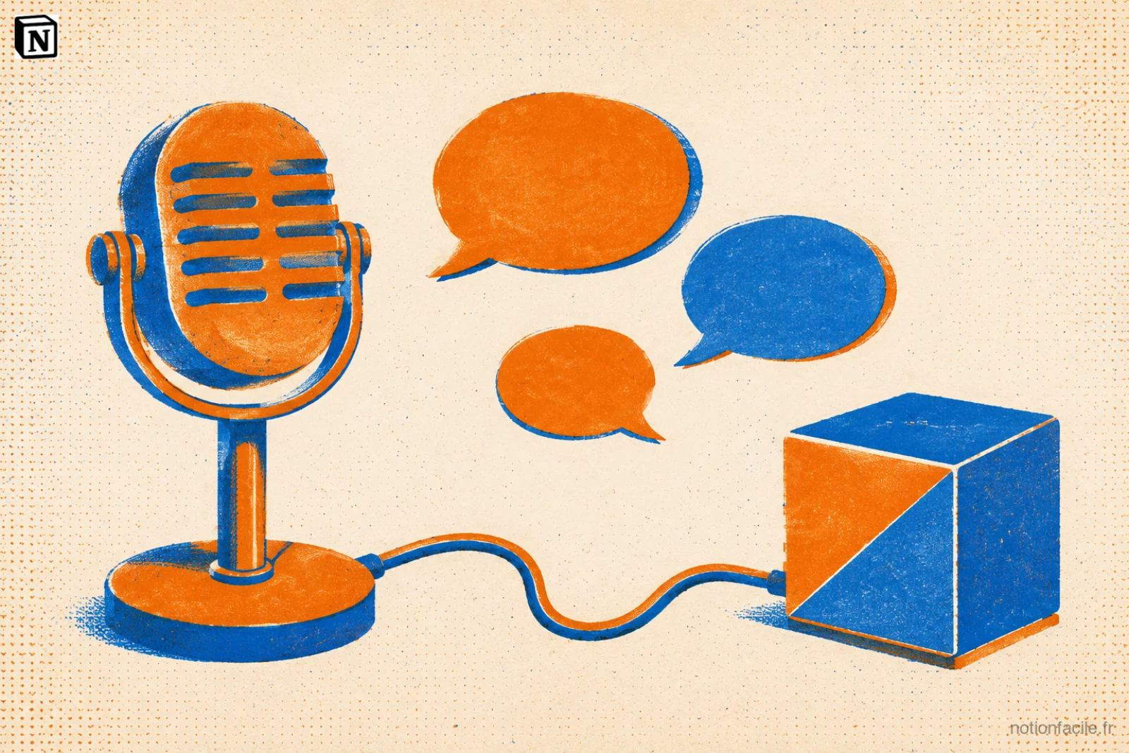 Microphone vintage relié par un câble à un cube Notion stylisé, avec des bulles de parole représentant des prompts vocaux courts envoyés à l'agent IA