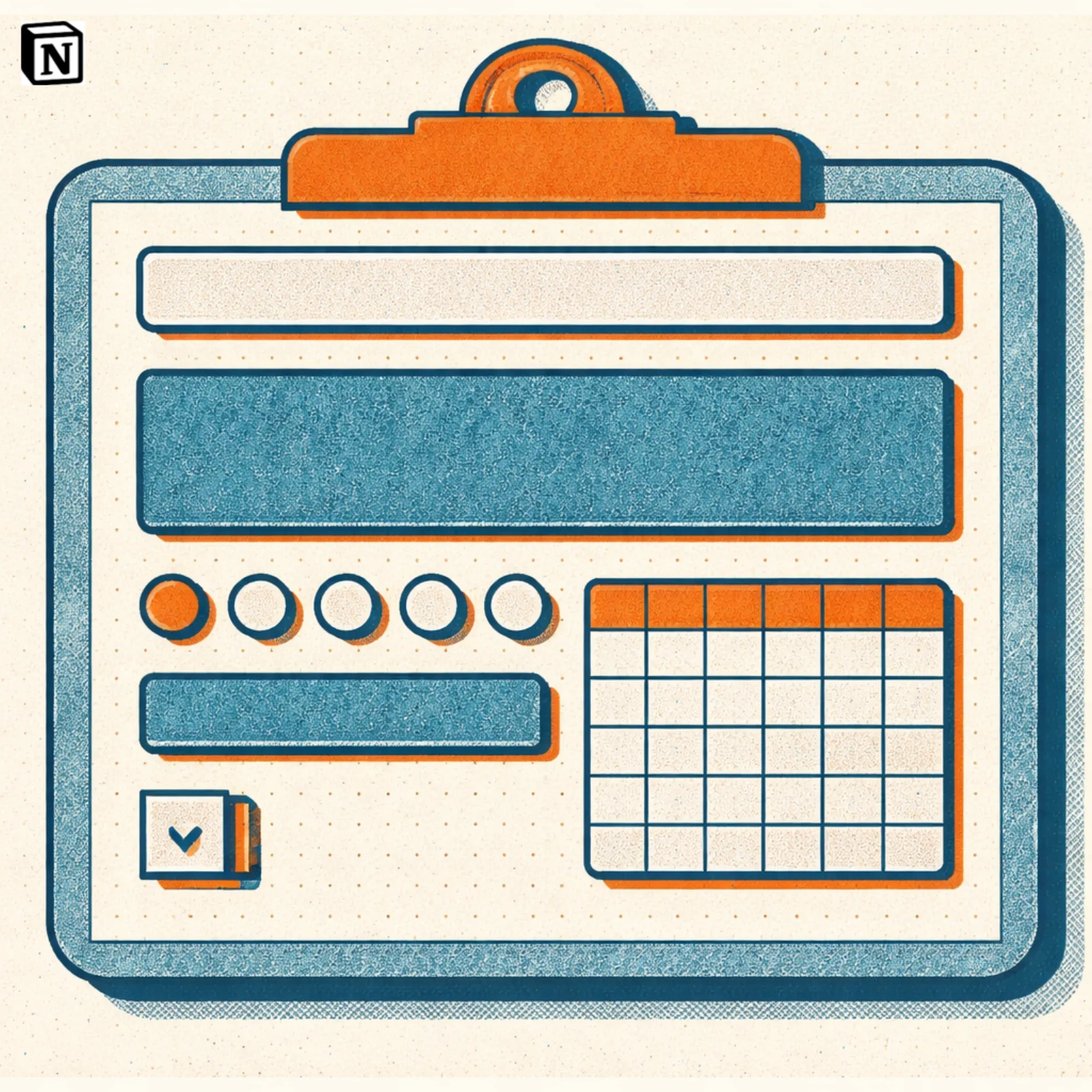 Champs de formulaire geometriques empiles sur un clipboard - barre de texte, zone de saisie, boutons radio, grille calendrier et case a cocher