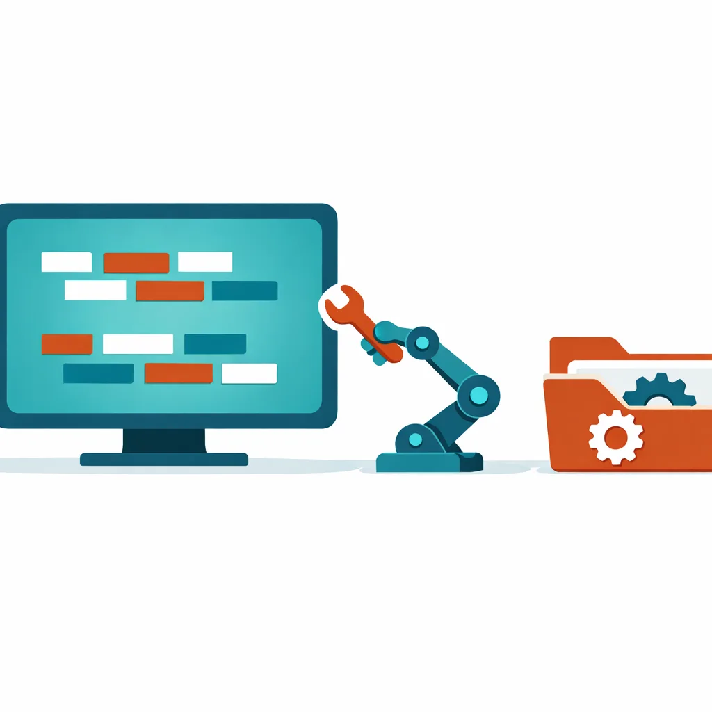 Illustration d'un ecran affichant des blocs de contenu colores, un bras mecanique avec une cle a molette et un dossier de fichiers - activation du telechargement hors ligne