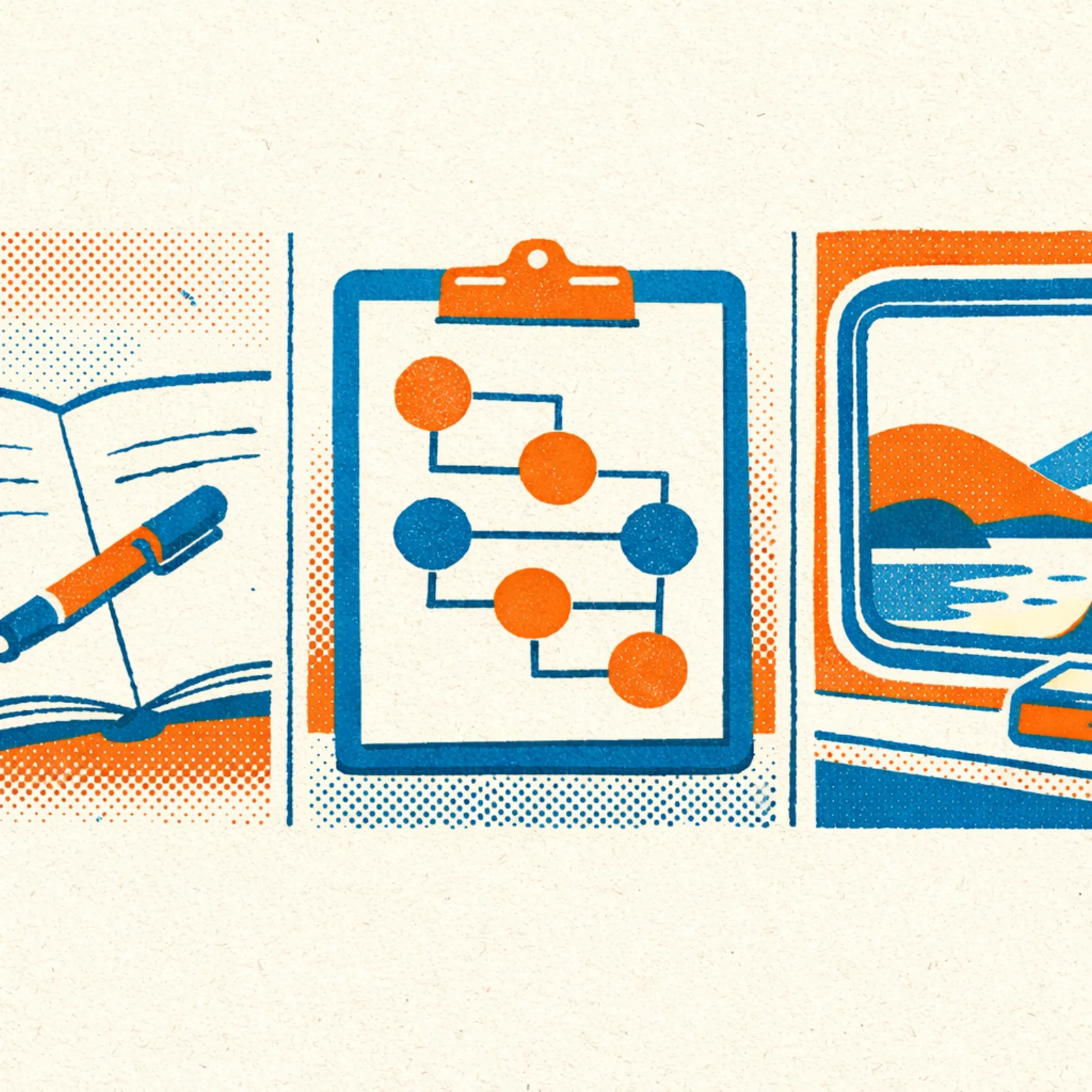 Triptyque risograph illustrant trois cas d'usage du mode hors ligne - un journal ouvert avec un stylo, un presse-papiers avec un organigramme de projet, et un appareil pose sur le rebord d'une fenetre de train