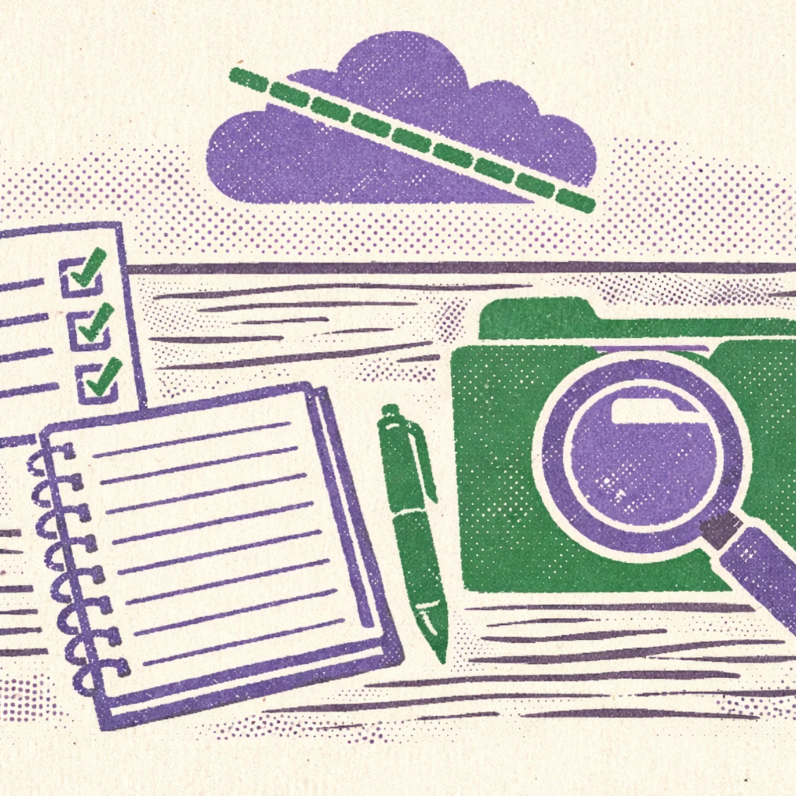 Illustration risograph d'un bureau vu du dessus avec un carnet a lignes, une liste de cases cochees, un stylo et une loupe sur un dossier, sous un nuage barre symbolisant l'absence de connexion