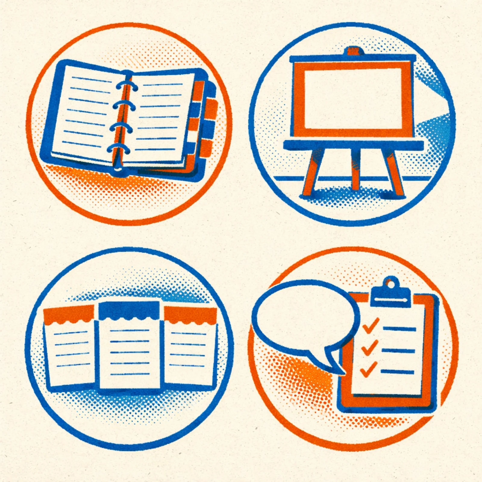 Quatre vignettes illustrant les cas d'usage — documentation, presentations, covers et comptes-rendus de reunion