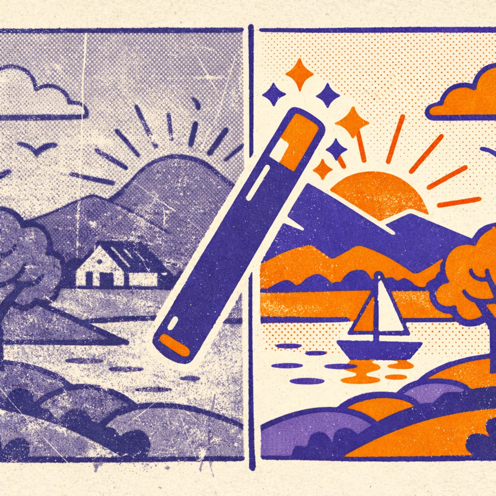 Scene avant-apres montrant une image brute a gauche et sa version editee et finalisee a droite, separees par une baguette magique