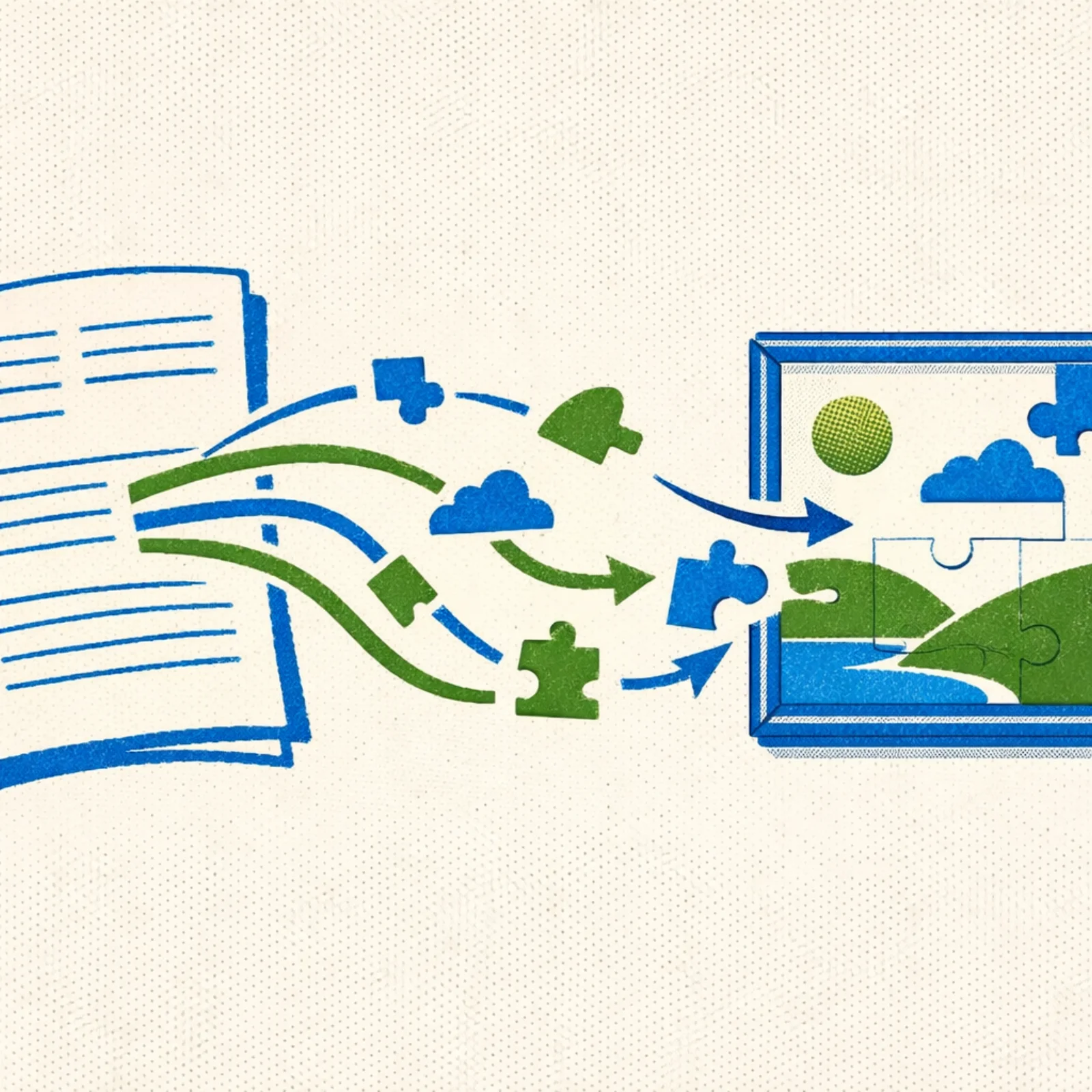 Document ouvert dont le contenu se transforme en image via des fleches convergentes, illustrant la generation contextuelle