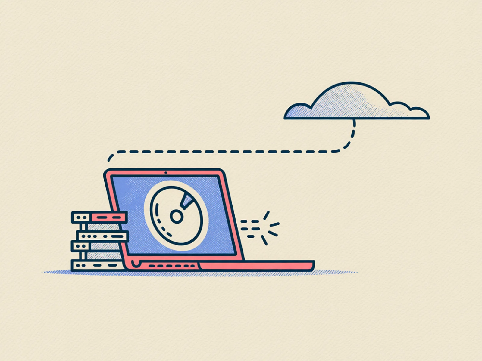 Un ordinateur portable avec une icone de disque local sur l'ecran, relie par une ligne pointillee a un nuage distant, avec des pages en cache empilees a cote