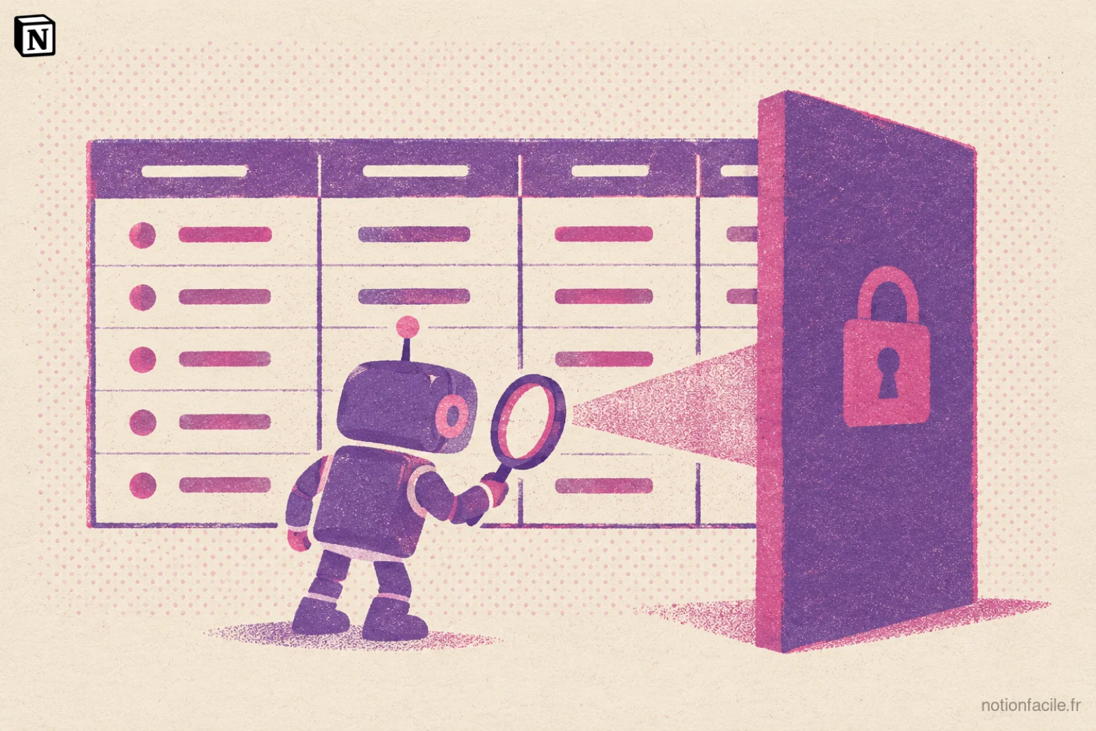 Petit robot tenant une loupe devant un tableau de base de données, dont le faisceau s'arrête contre un mur violet portant un cadenas qui masque la dernière colonne