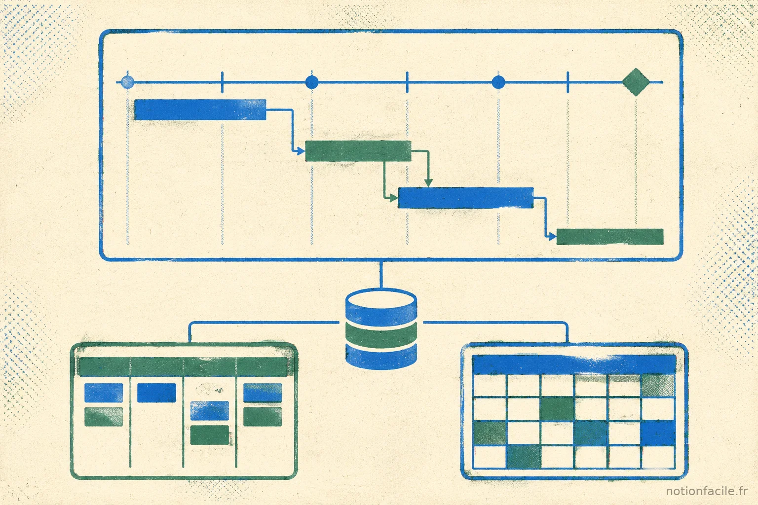 Chronologie de projet avec barres de tâches et jalon, alimentant une vue Kanban et une vue Calendrier depuis une seule base