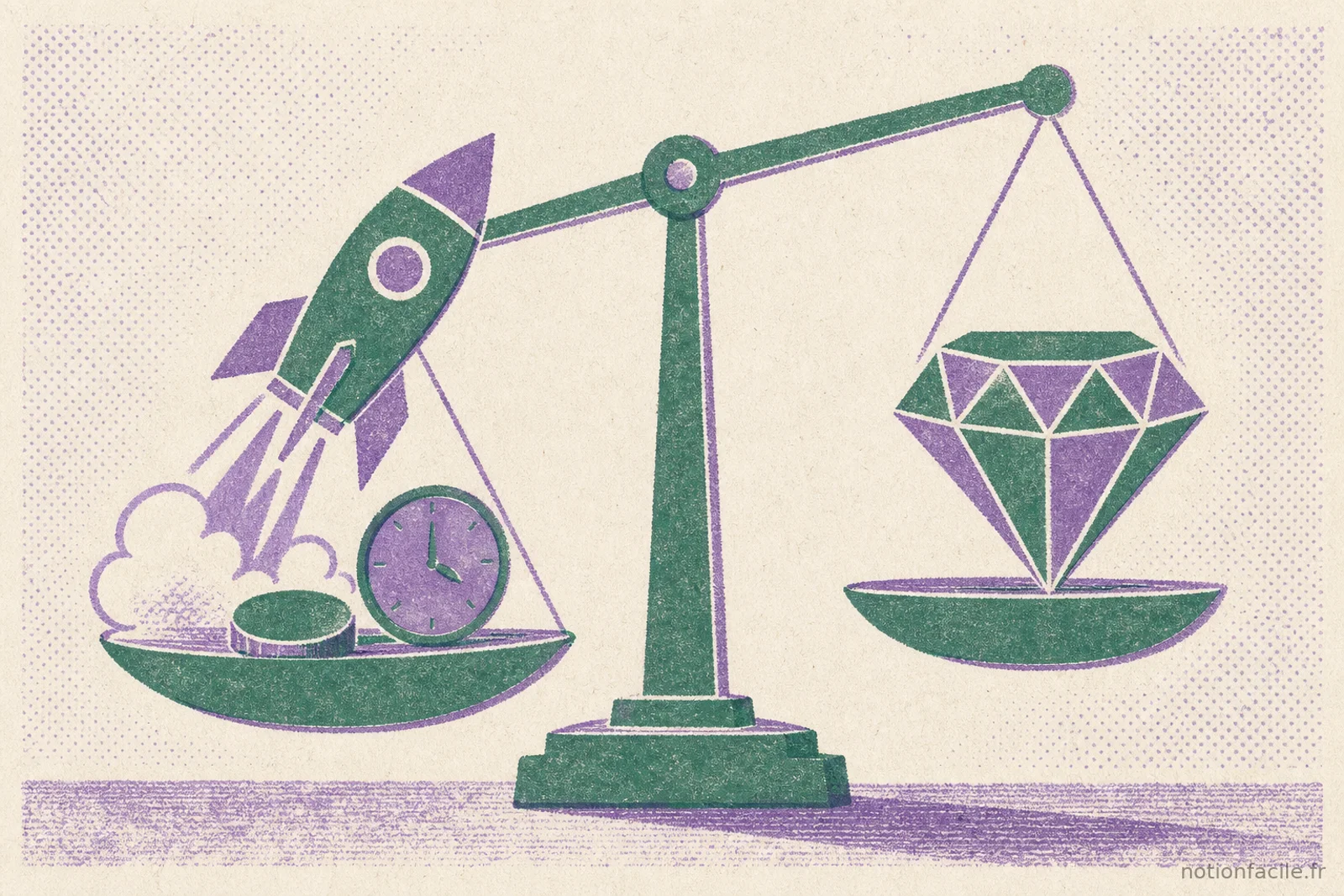 Une balance mettant en regard une fusée rapide et un diamant premium, symbolisant le choix entre un portfolio gratuit immédiat et un site sur mesure