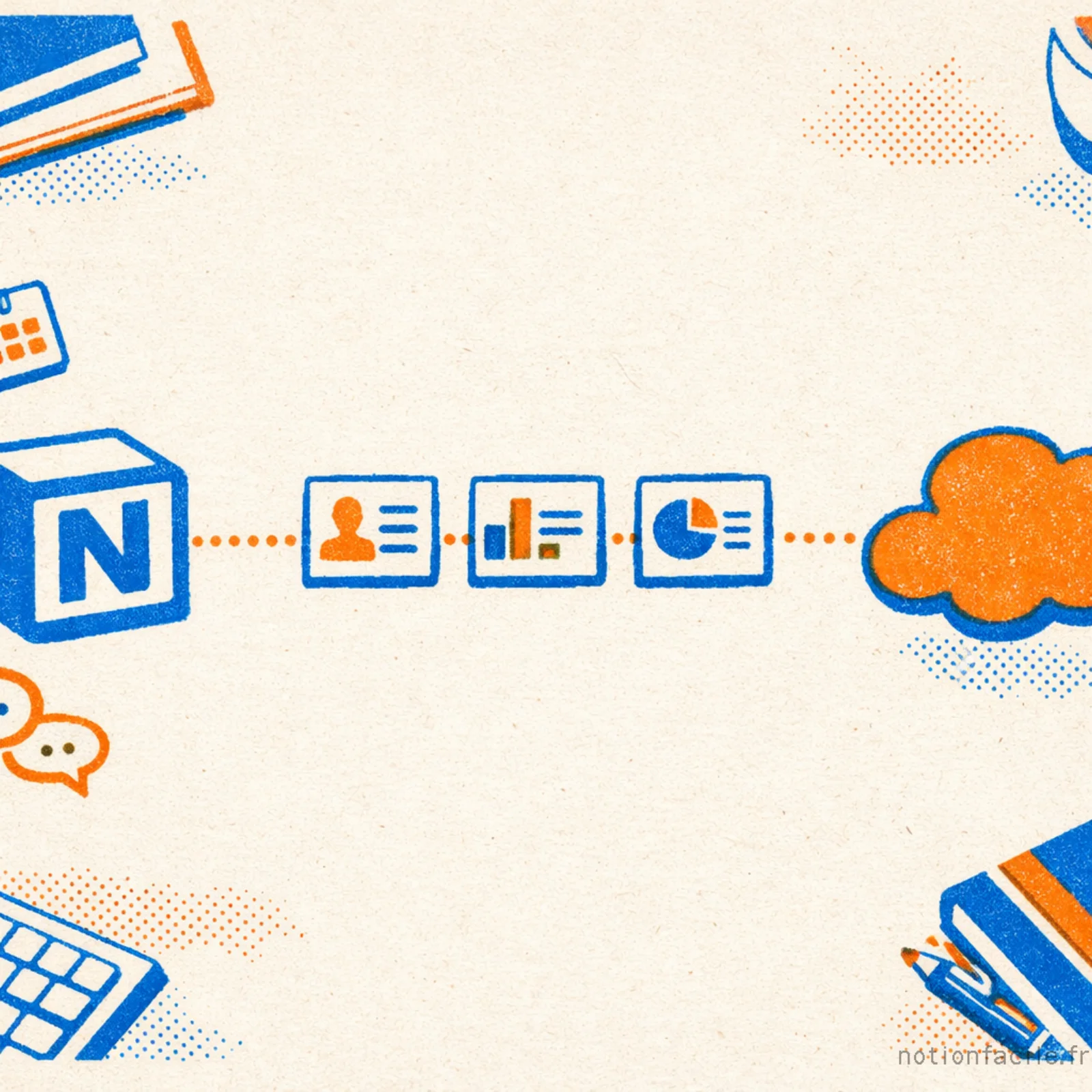 Illustration risograph d'un cube Notion relie a un nuage Salesforce par une ligne pointillee, avec des fiches de donnees clients qui transitent entre les deux icones