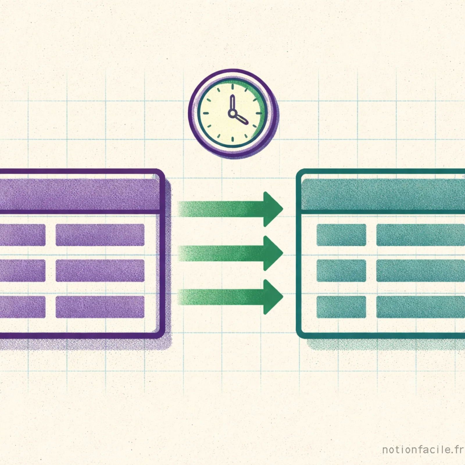 Illustration risograph de deux tables de donnees cote a cote avec des fleches unidirectionnelles montrant le flux de synchronisation et une horloge indiquant la mise a jour periodique