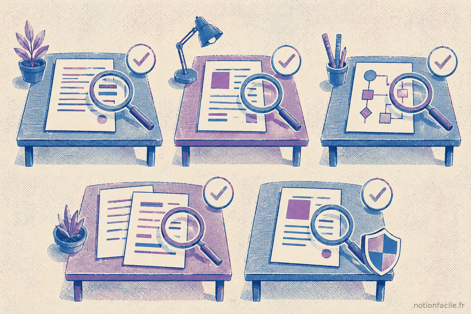 Plusieurs bureaux avec une feuille de papier examinée à la loupe et un badge de validation, illustrant la relecture et l'approbation des corrections cas par cas