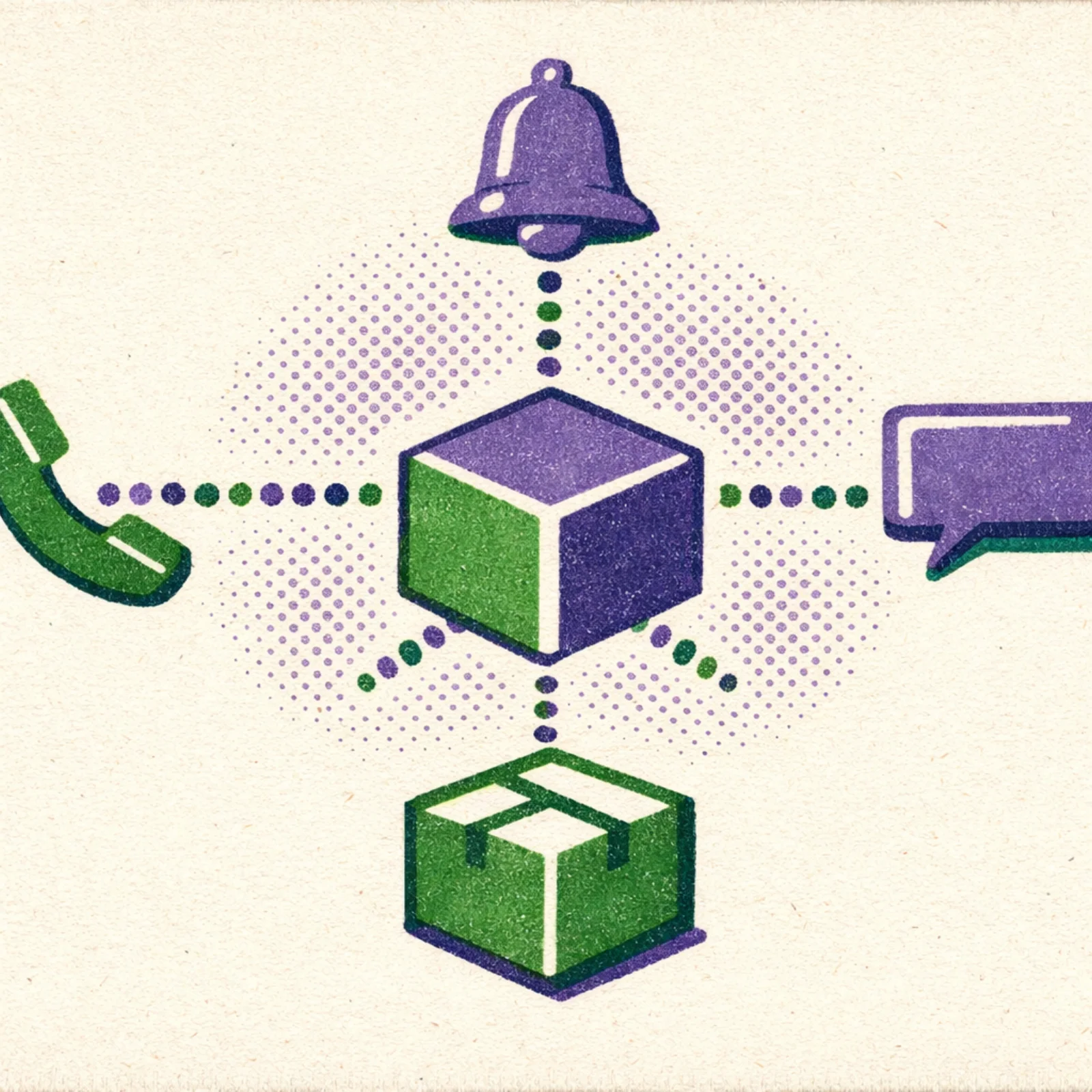 Cube central avec quatre bras connectes a des formes geometriques representant alertes, messagerie, inventaire et notifications SMS
